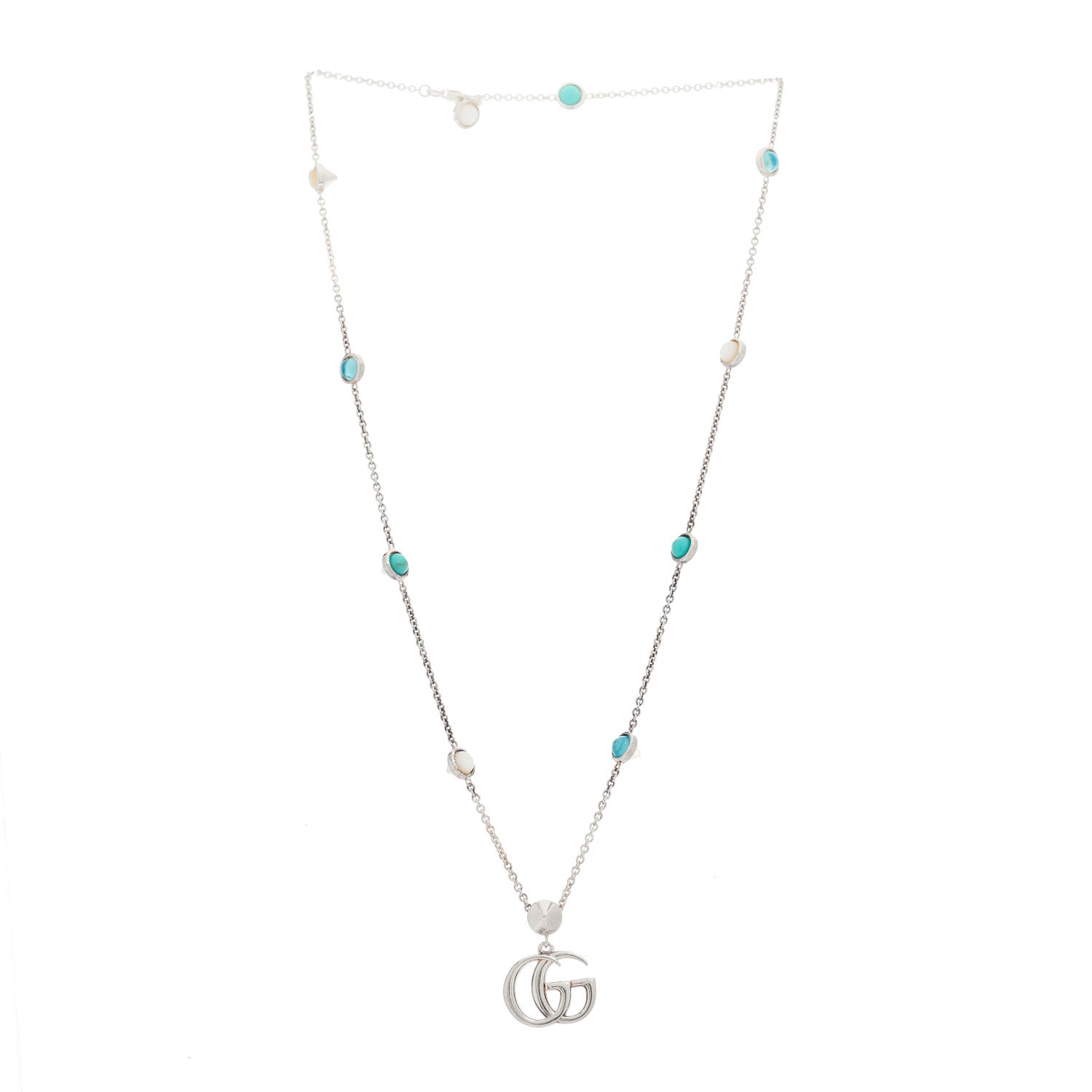 Gucci Sterling Silver Blue Topaz Mother of Pearl Turquoise Double GG Pendant Necklace 3 of 5