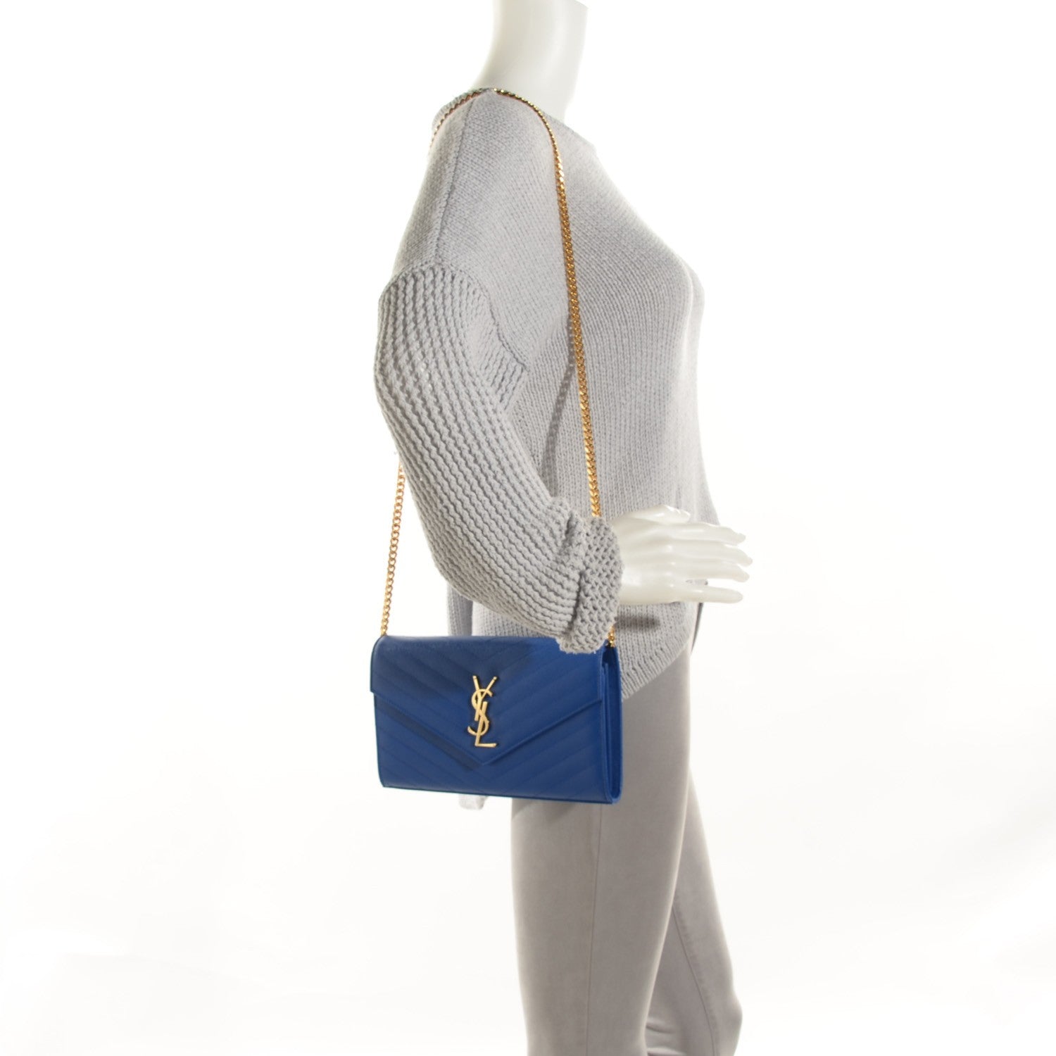 Saint Laurent Grain De Poudre Matelasse Chevron Monogram Chain Wallet Blue Majorelle 2 of 7
