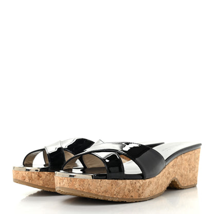 Jimmy Choo Patent Prima Cork Wedge Sandals 38 Black 3 of 8