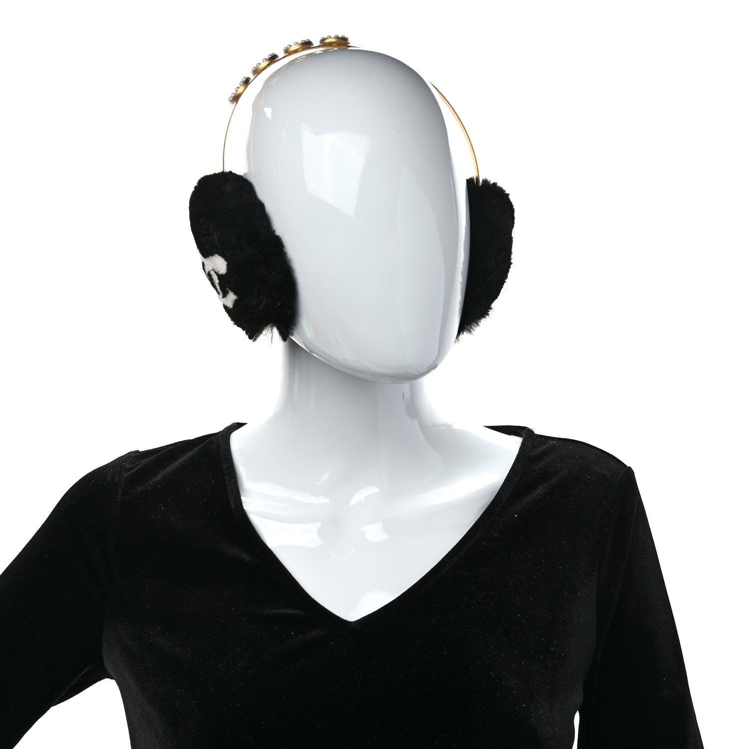 Chanel Rabbit Fur Coco Earmuffs Black Gold 2 of 7