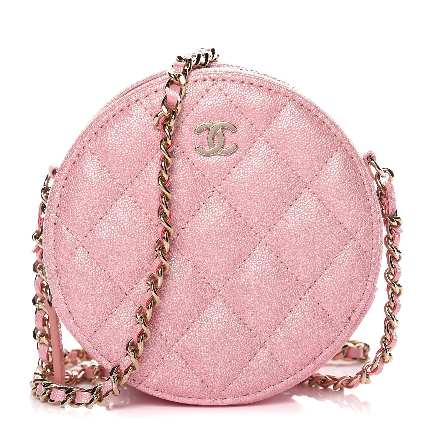 Iridescent Caviar Quilted Round Clutch With Chain Pink