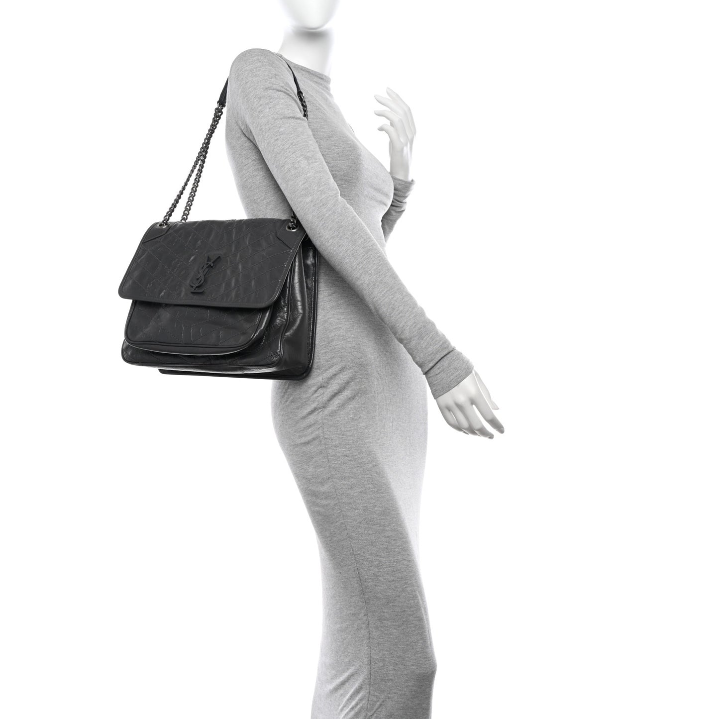 Crinkled Calfskin Matelasse Monogram Large Niki Chain Satchel Fog