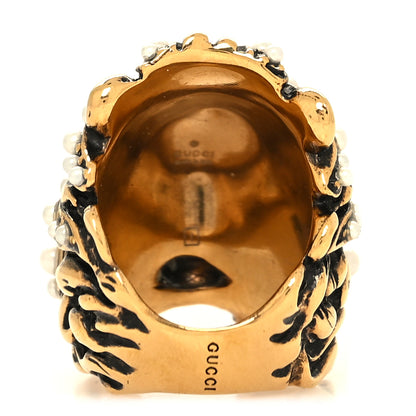 Gucci Metal Pearl Crystal Lion Head Ring 50/5.5 Aged Gold 3 of 4