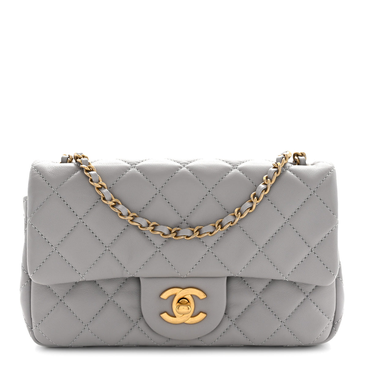 Lambskin Quilted Mini Rectangular Pearl Crush Flap Grey