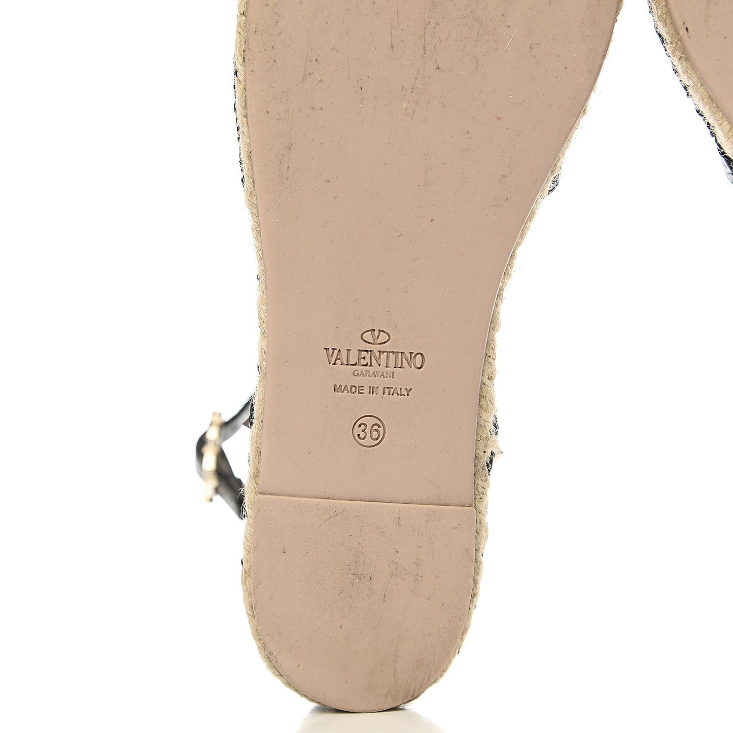 Grained Calfskin Rockstud Ankle Wrap Espadrille 20mm Flats 36 Black Light Cuir Natural