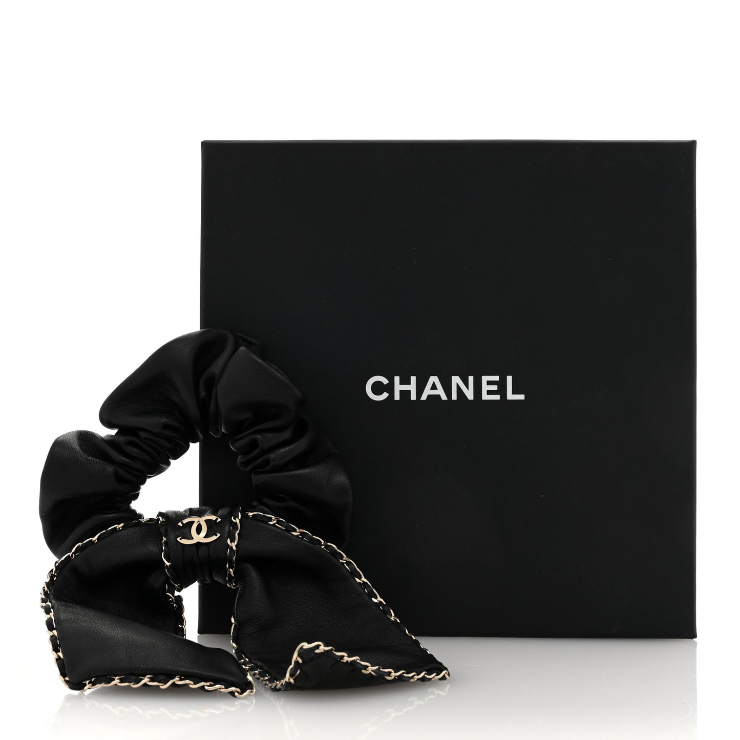 Lambskin Chain CC Hair Bow Tie Black Gold