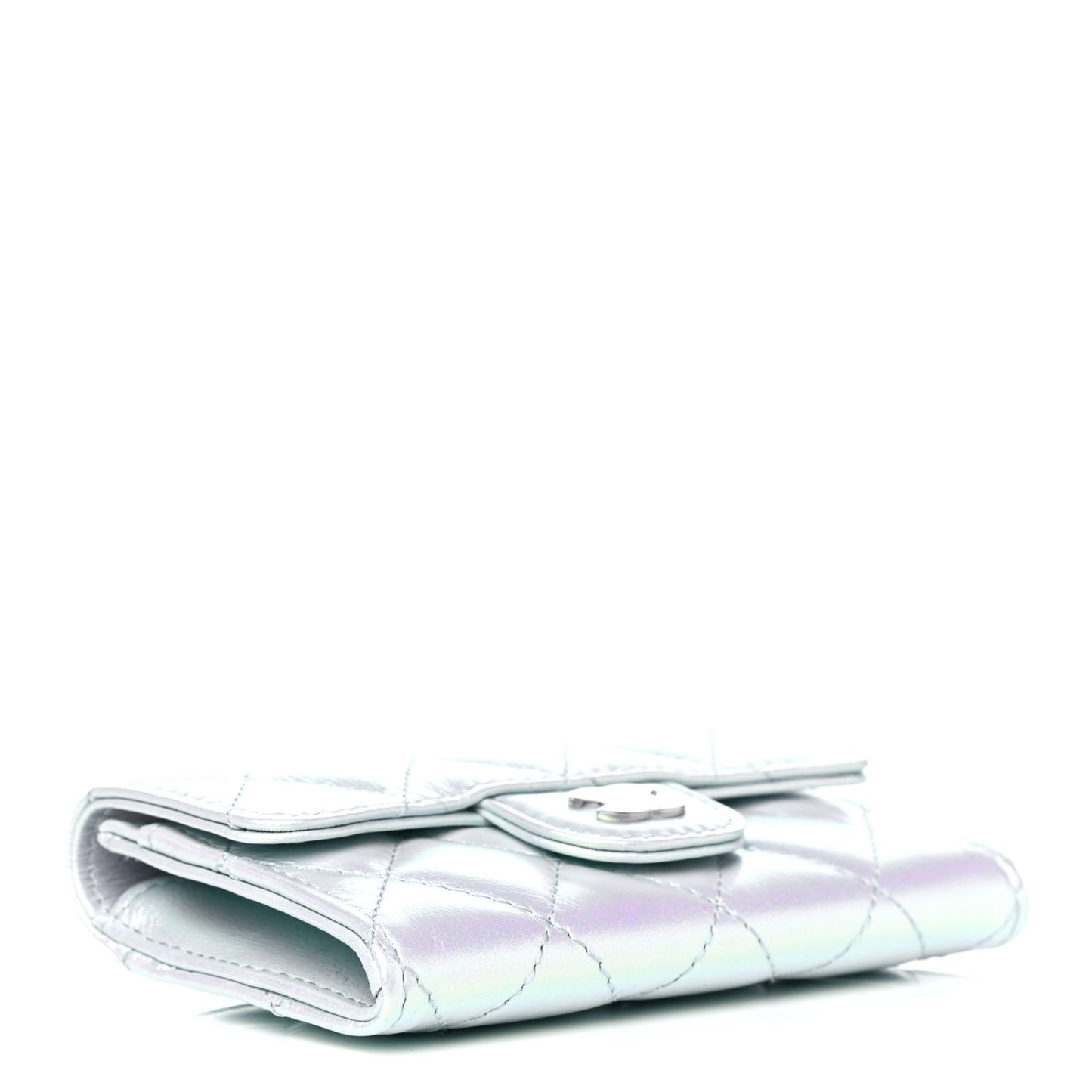 Iridescent Calfskin Quilted Flap Card Holder Light Blue