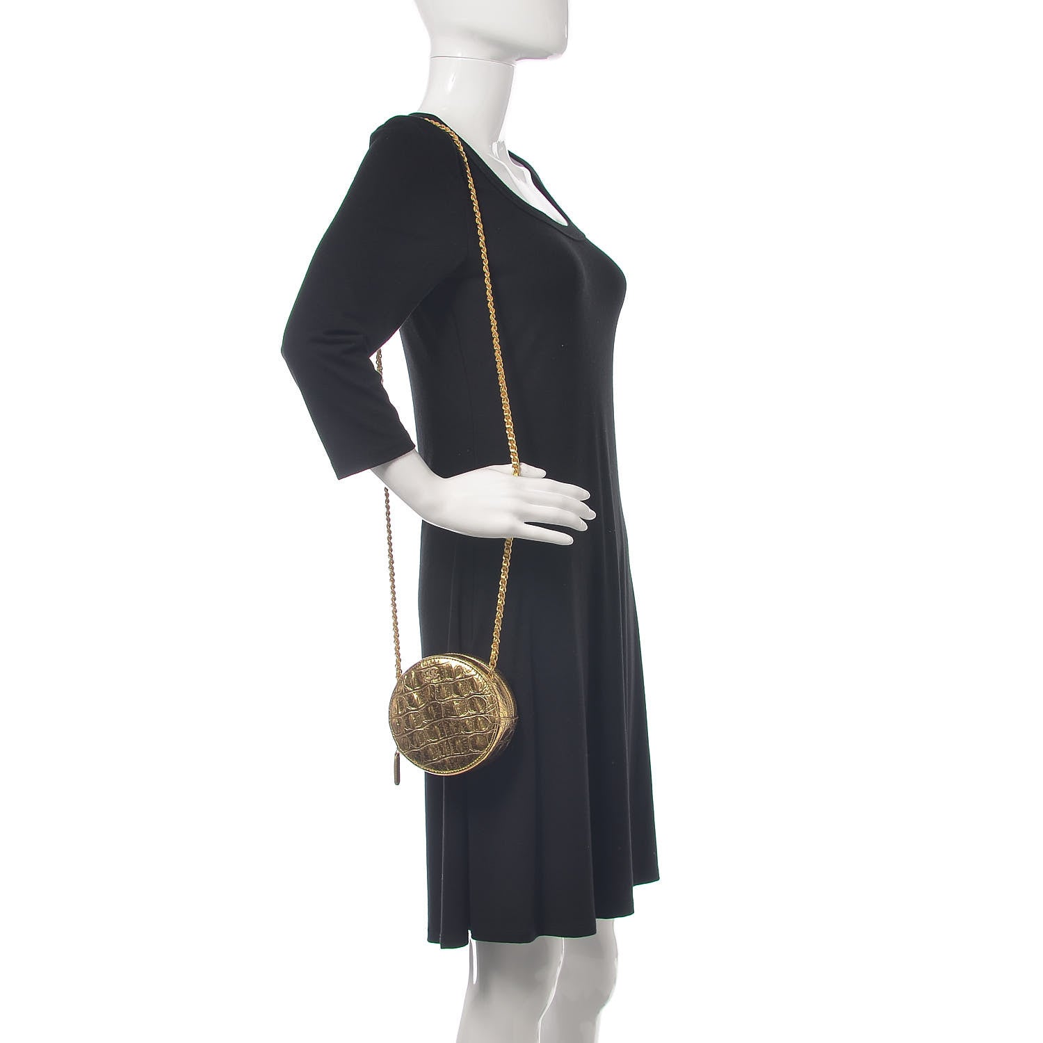Chanel Metallic Calfskin Crocodile Embossed Cocodile Round Clutch with Chain Gold 3 of 18
