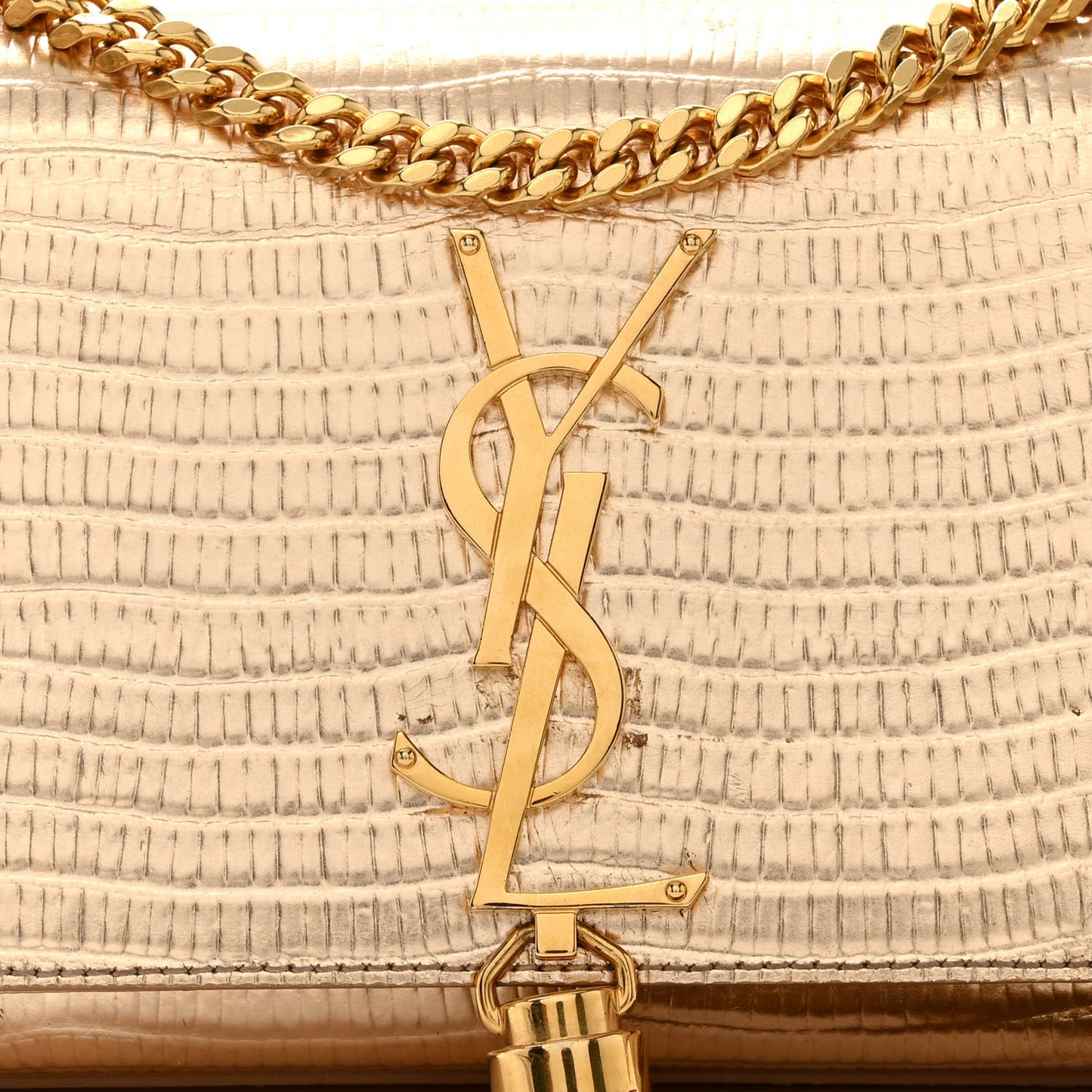 Metallic Calfskin Crocodile Embossed Small Classic Monogram Kate Tassel Satchel Gold