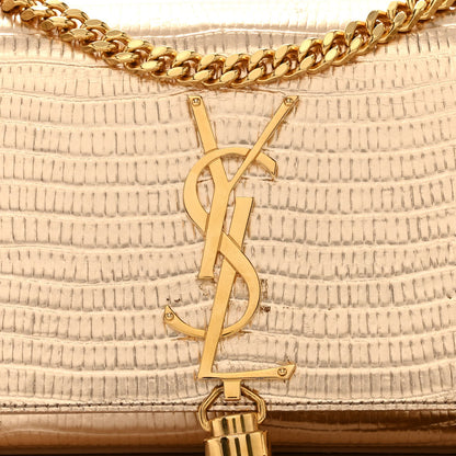 Saint Laurent Metallic Calfskin Crocodile Embossed Small Classic Monogram Kate Tassel Satchel Gold 8 of 12