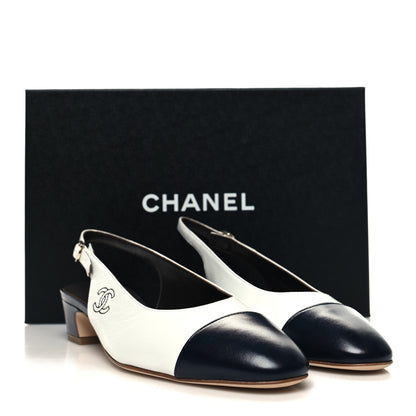 Chanel Calfskin Cap Toe CC Slingback Pumps 37.5 White Dark Navy 9 of 9