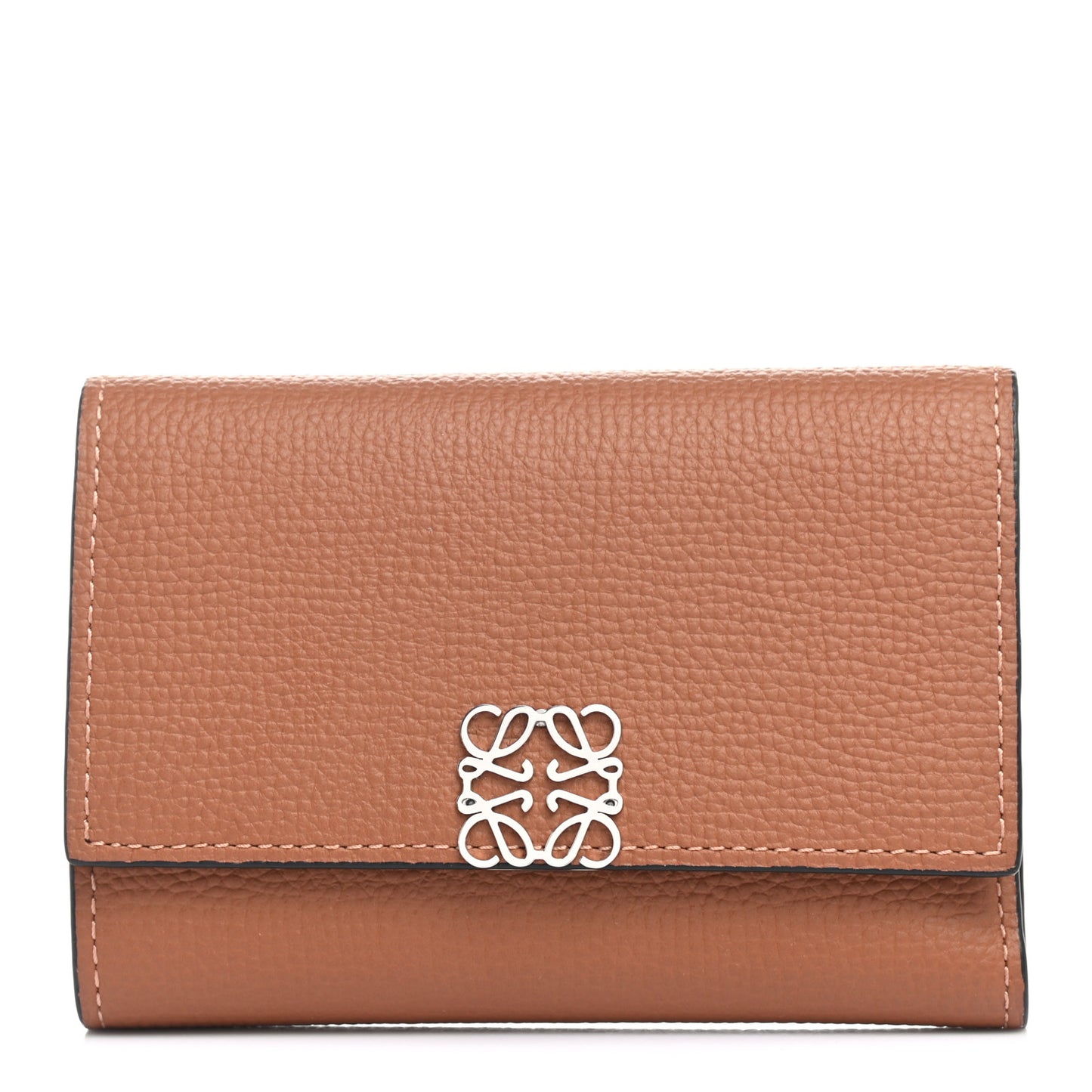 Pebble Grain Calfskin Anagram Small Vertical Wallet Tan