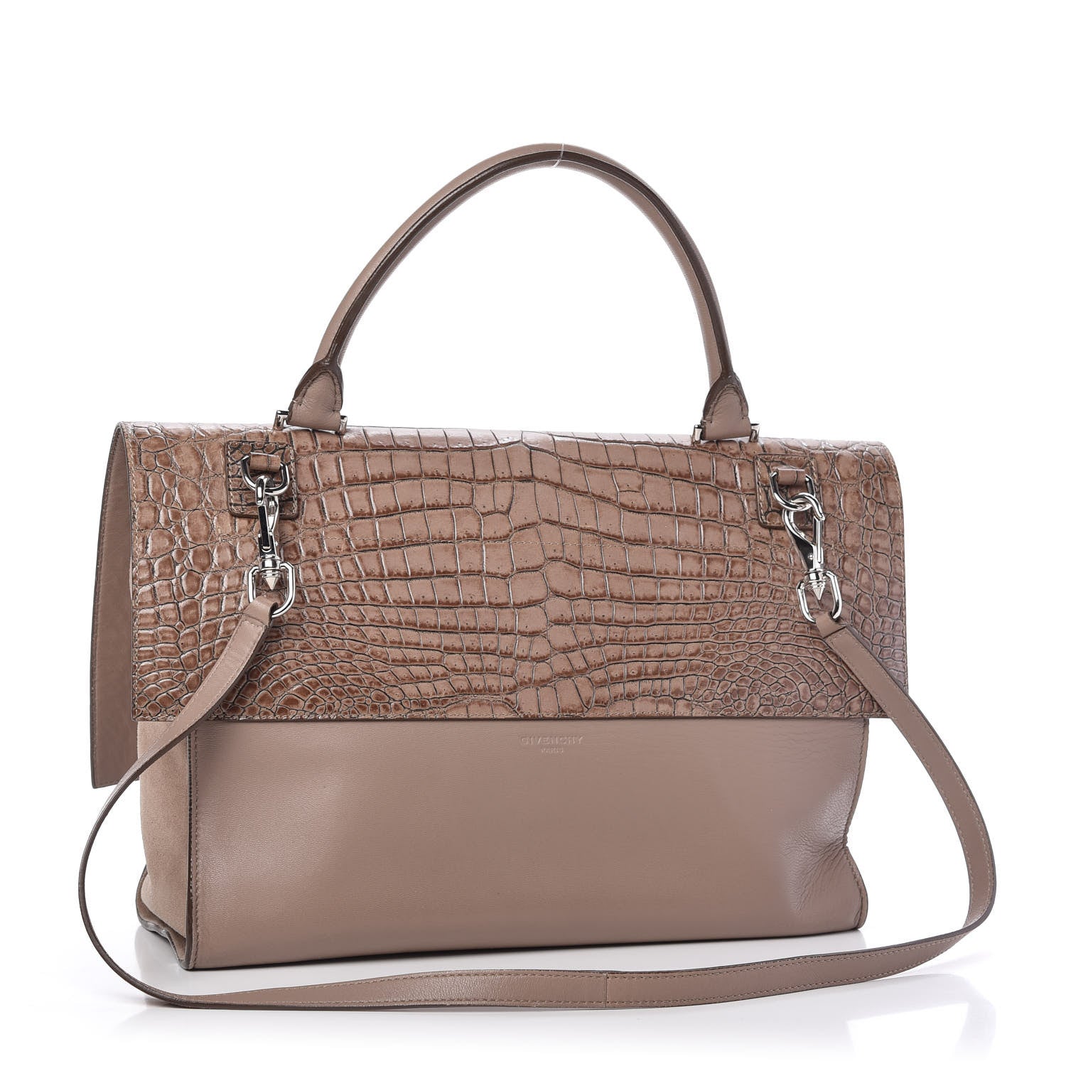 Givenchy Calfskin Crocodile Embossed Medium Shark Lock Satchel Sand 3 of 12
