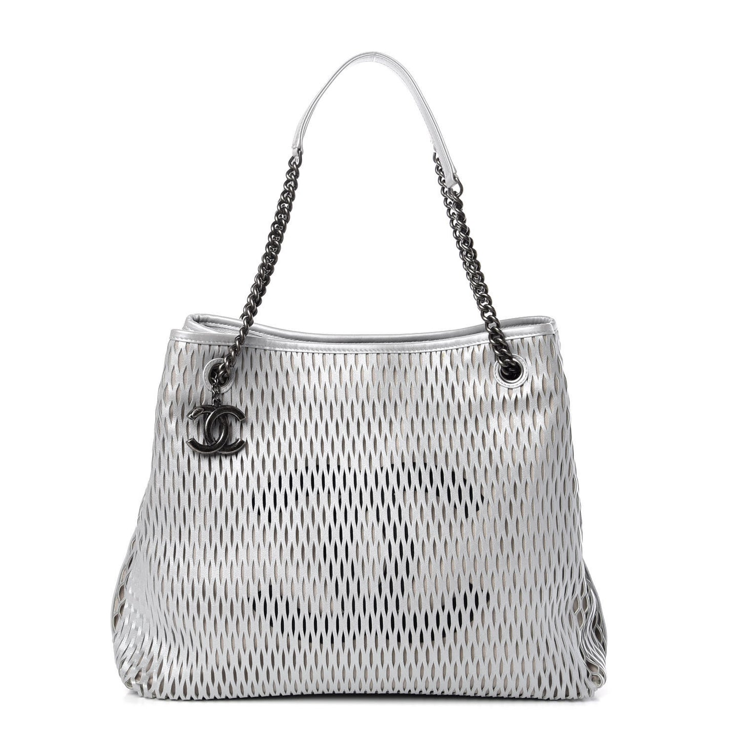 Calfskin Laser Cut Perforated CC Tote Silver