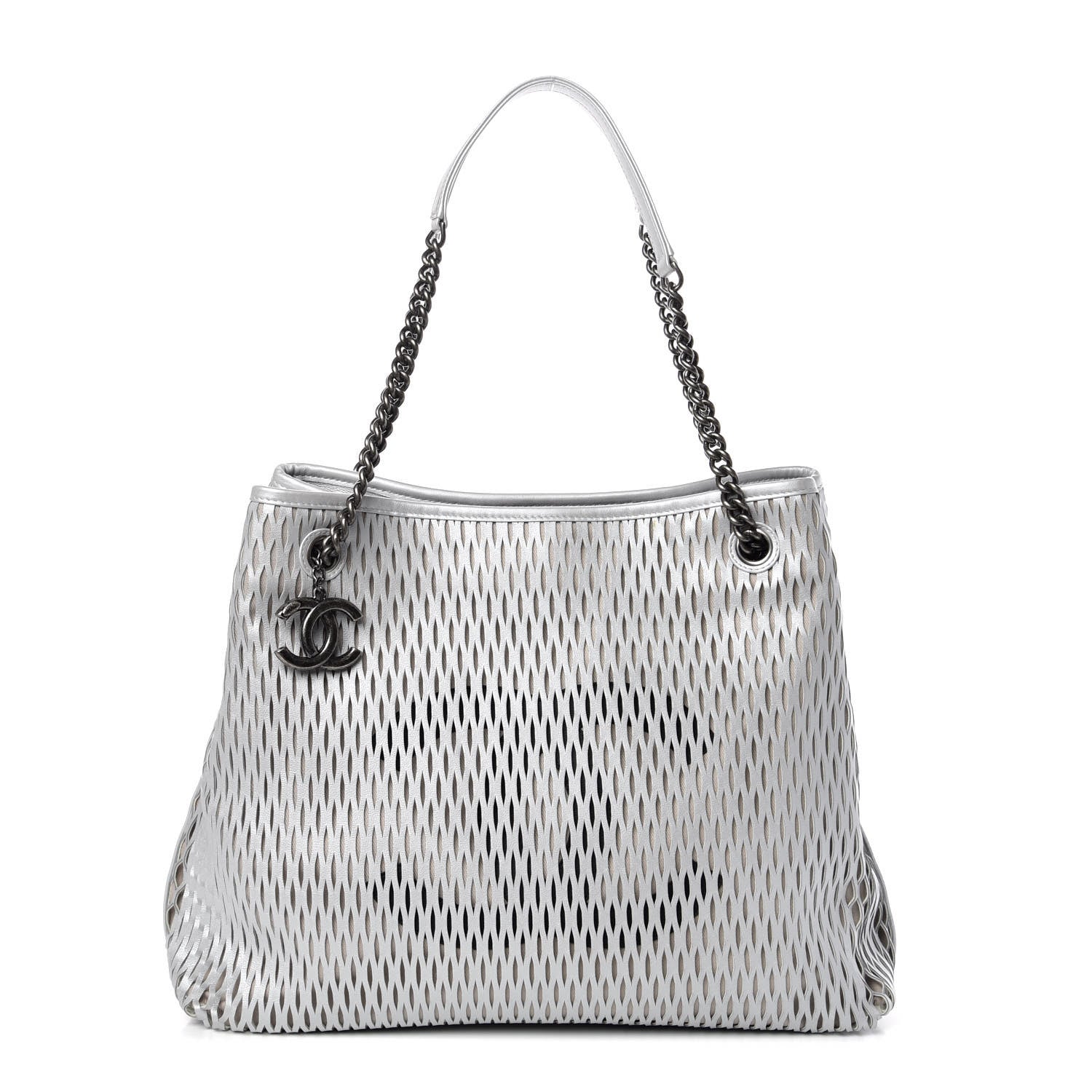 Chanel Calfskin Laser Cut Perforated CC Tote Silver 1 of 10