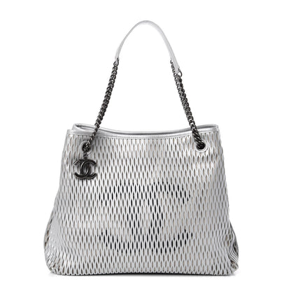 Chanel Calfskin Laser Cut Perforated CC Tote Silver 1 of 10
