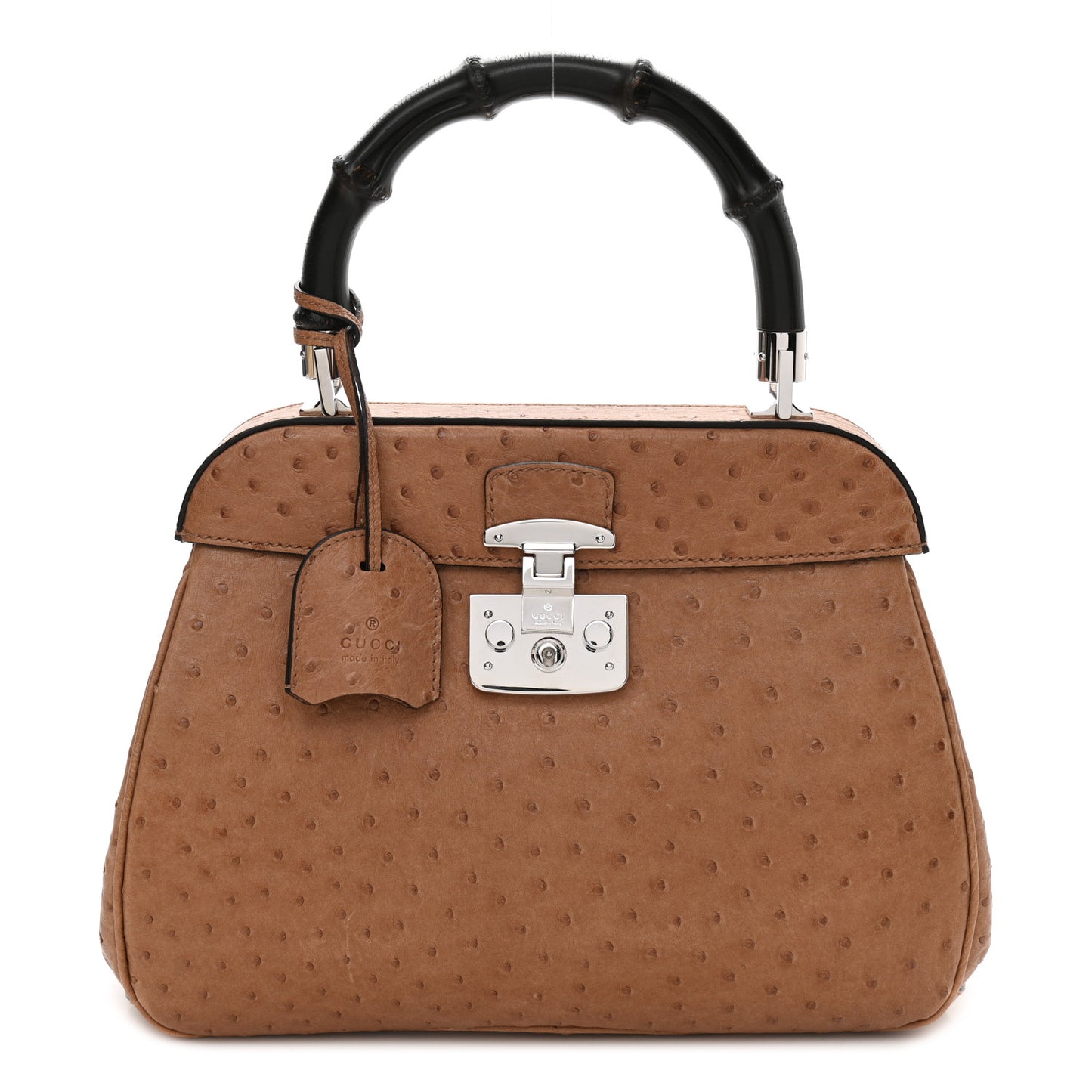 Ostrich Bamboo Medium Lady Lock Top Handle Bag Tan