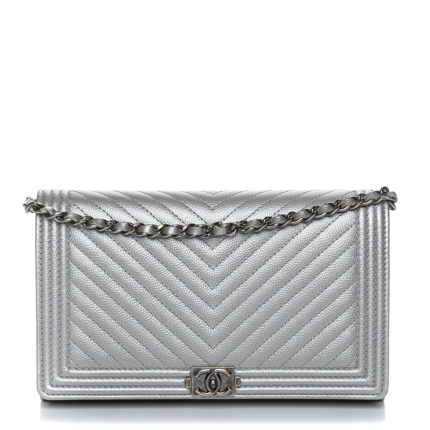 Metallic Caviar Chevron Quilted Boy Wallet On Removable Chain WOC Silver