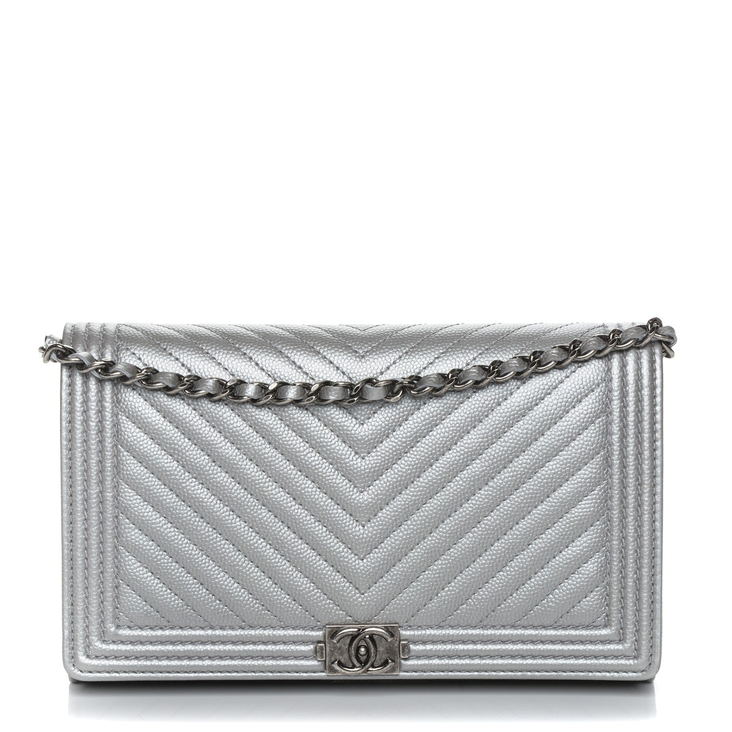 Chanel Metallic Caviar Chevron Quilted Boy Wallet On Removable Chain WOC Silver 1 of 9