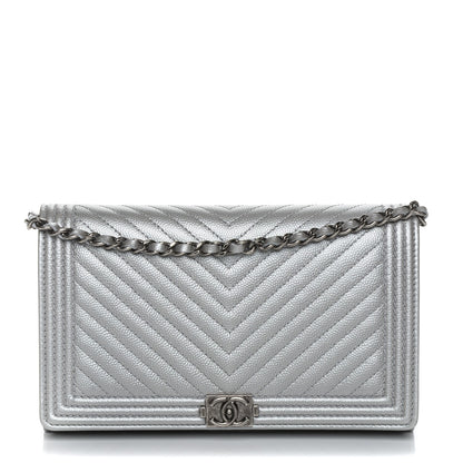 Chanel Metallic Caviar Chevron Quilted Boy Wallet On Removable Chain WOC Silver 1 of 9