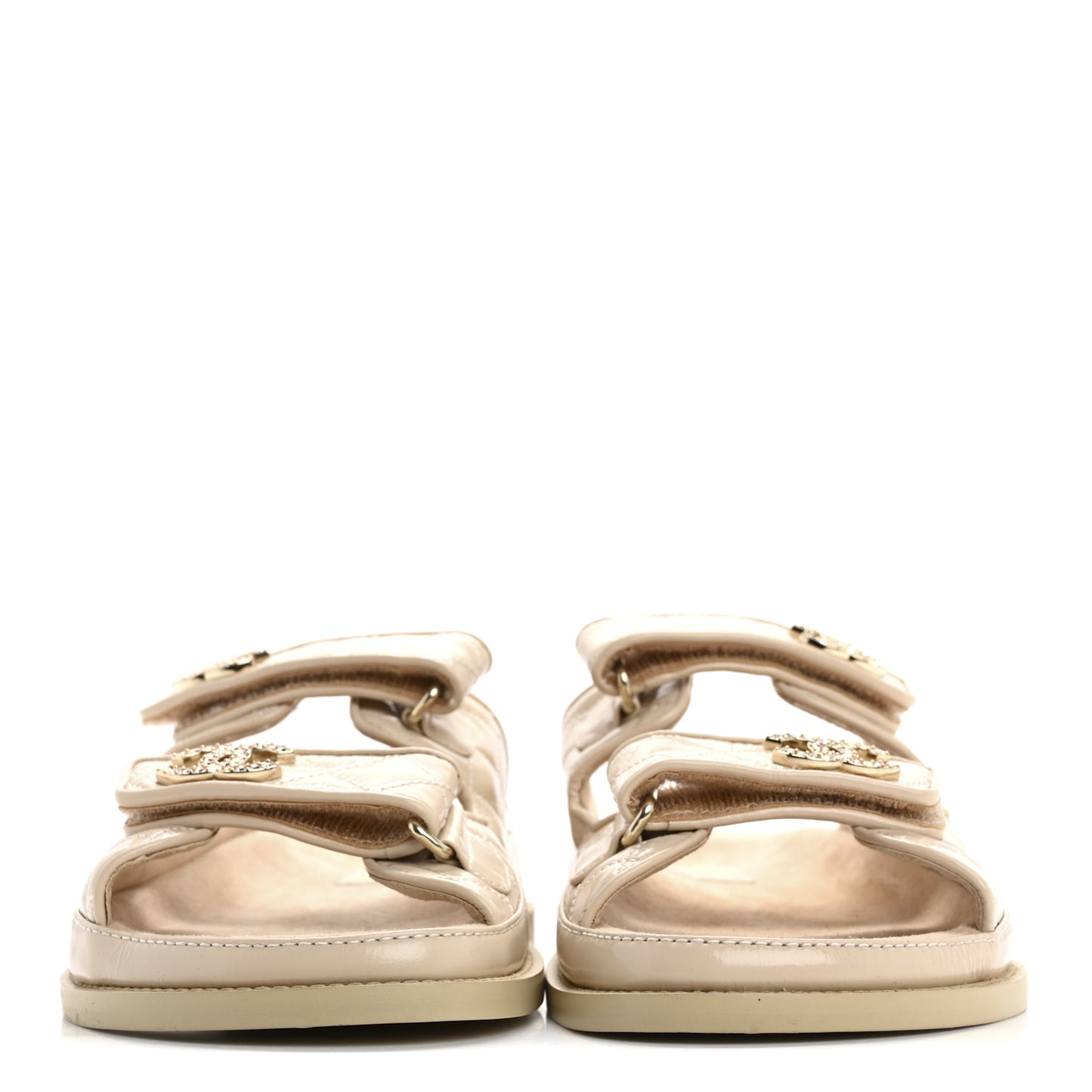 Shiny Calfskin Quilted Velcro Dad Crystal CC Slide Sandals 39.5 Beige