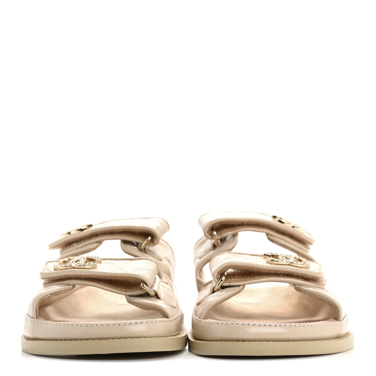 Chanel Shiny Calfskin Quilted Velcro Dad Crystal CC Slide Sandals 39.5 Beige 3 of 9