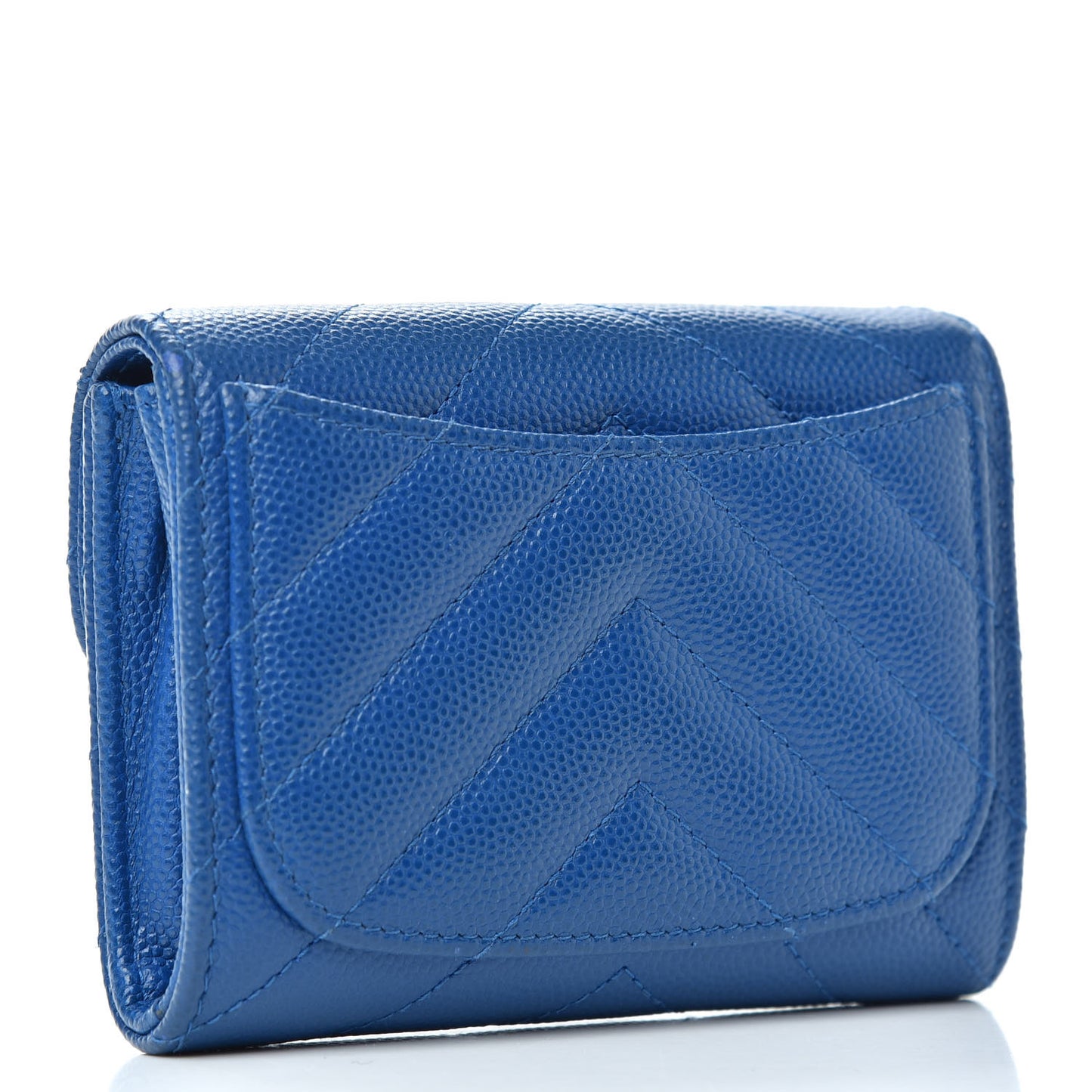 Caviar Chevron Quilted Flap Card Holder Wallet Dark Blue