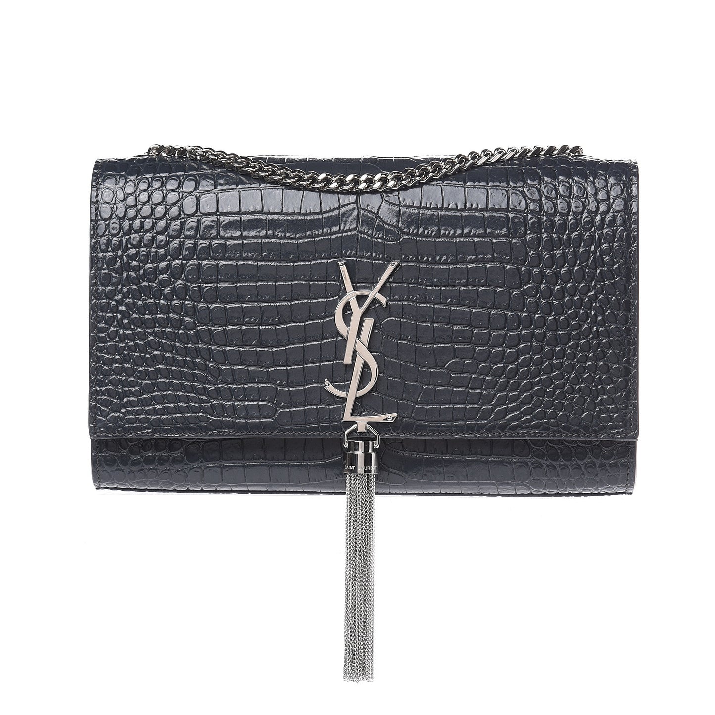 Calfskin Crocodile Embossed Medium Classic Monogram Kate Tassel Satchel Storm