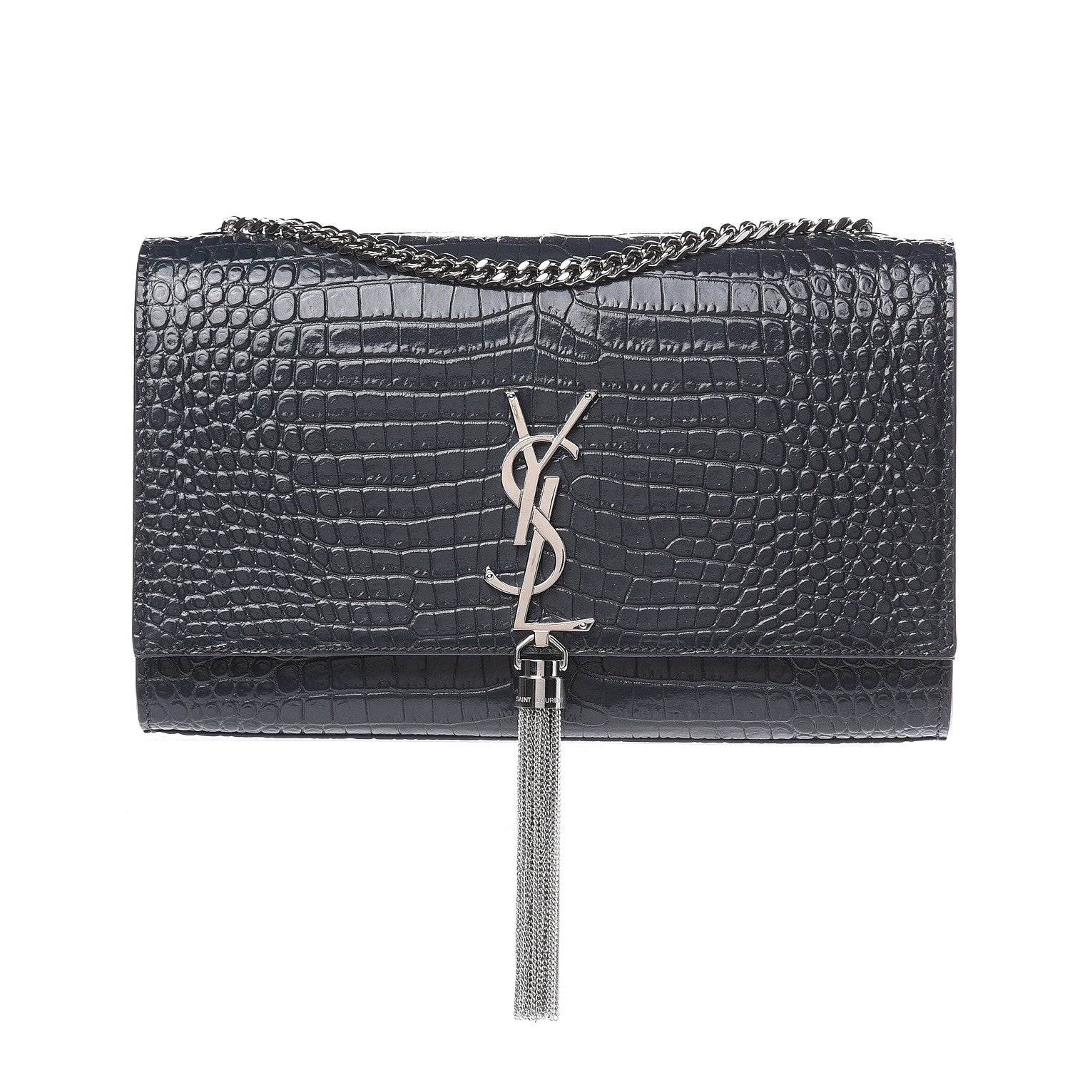 Saint Laurent Calfskin Crocodile Embossed Medium Classic Monogram Kate Tassel Satchel Storm 1 of 9
