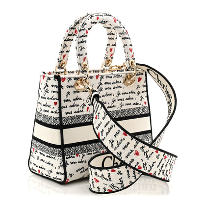 Christian Dior Canvas Embroidered Dioramour Je Vous Adore Medium Lady D-Lite White Black Red 3 of 10