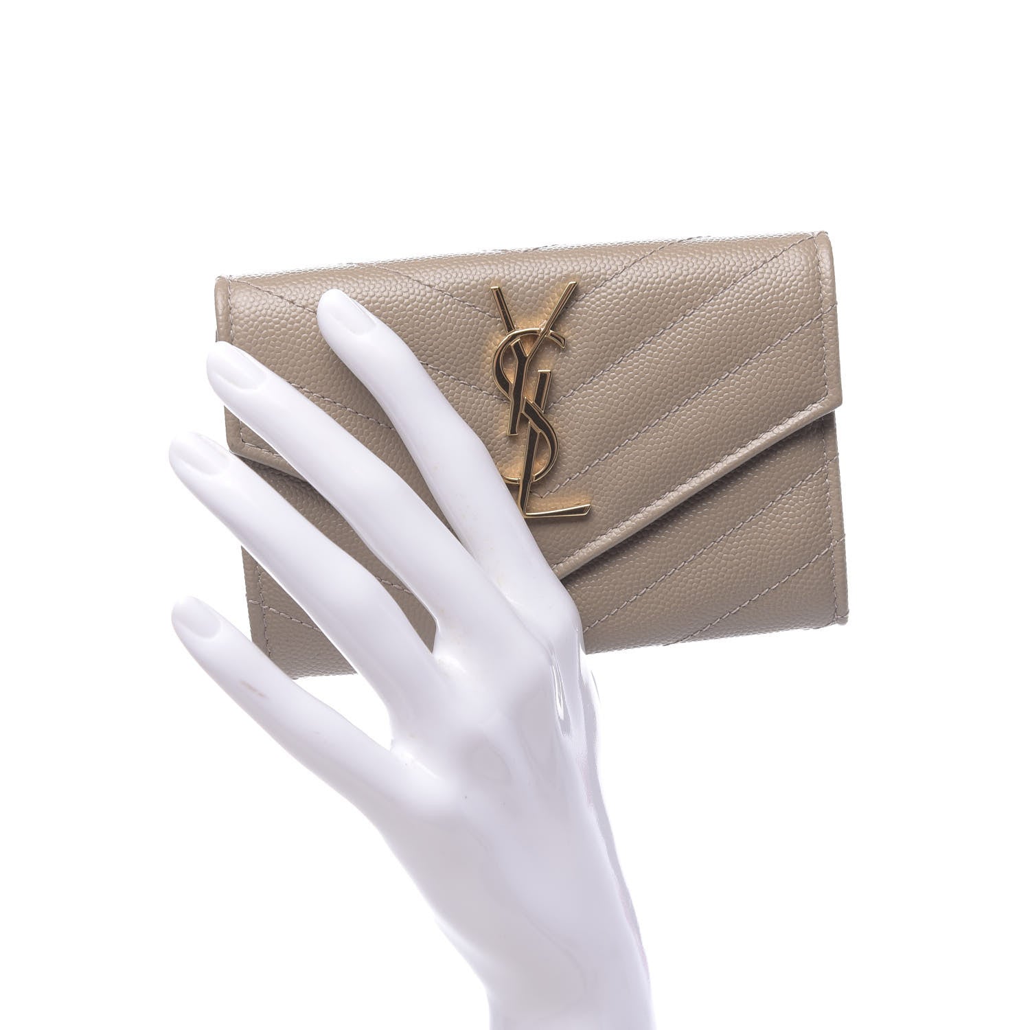 Saint Laurent Grain De Poudre Matelasse Chevron Small Monogram Envelope Wallet Dark Beige 2 of 7