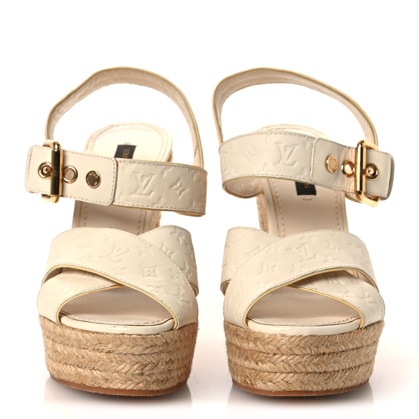 Calfskin Monogram Embossed Espadrille Wedge Sandals 36 White