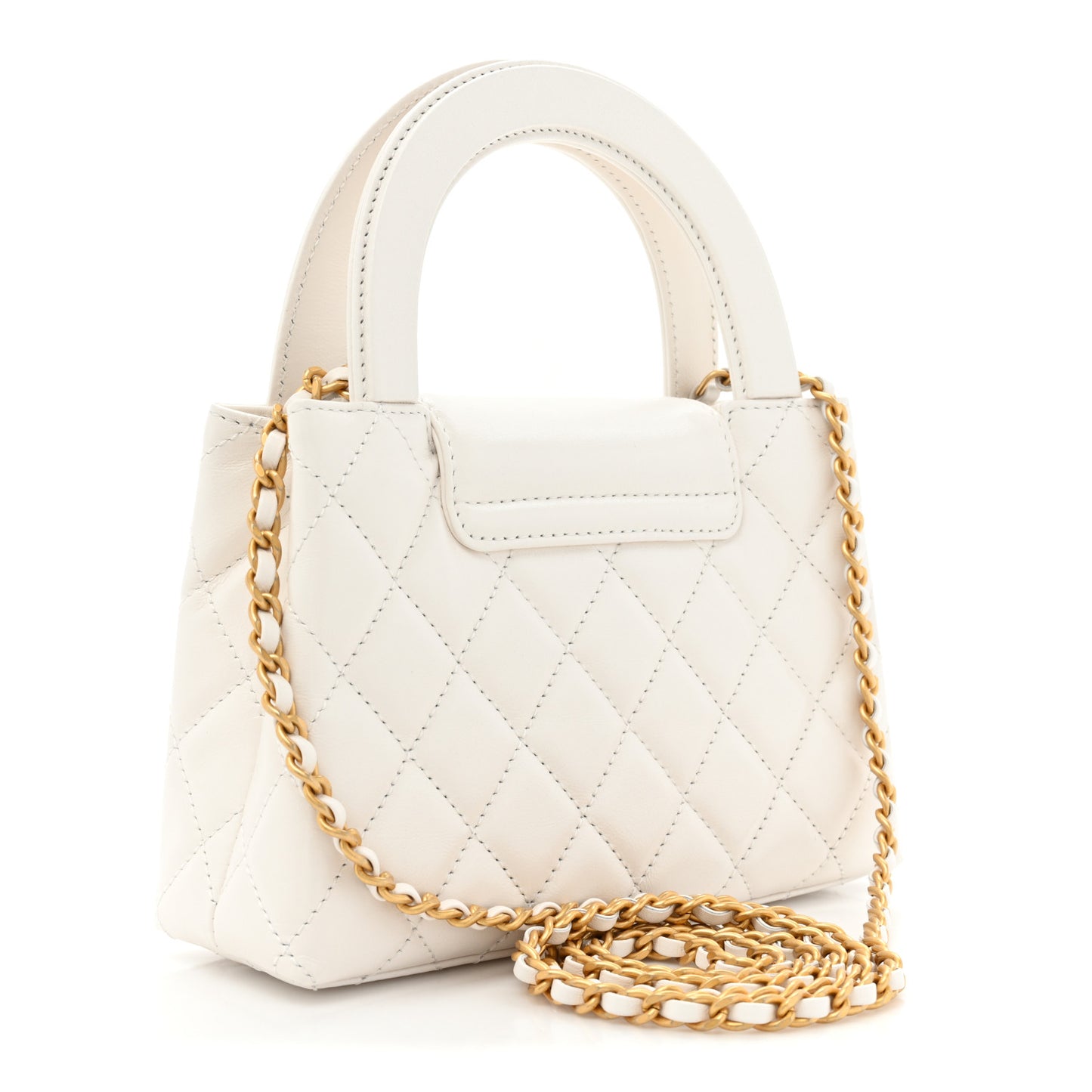 Shiny Aged Calfskin Quilted Nano Kelly Shopper White