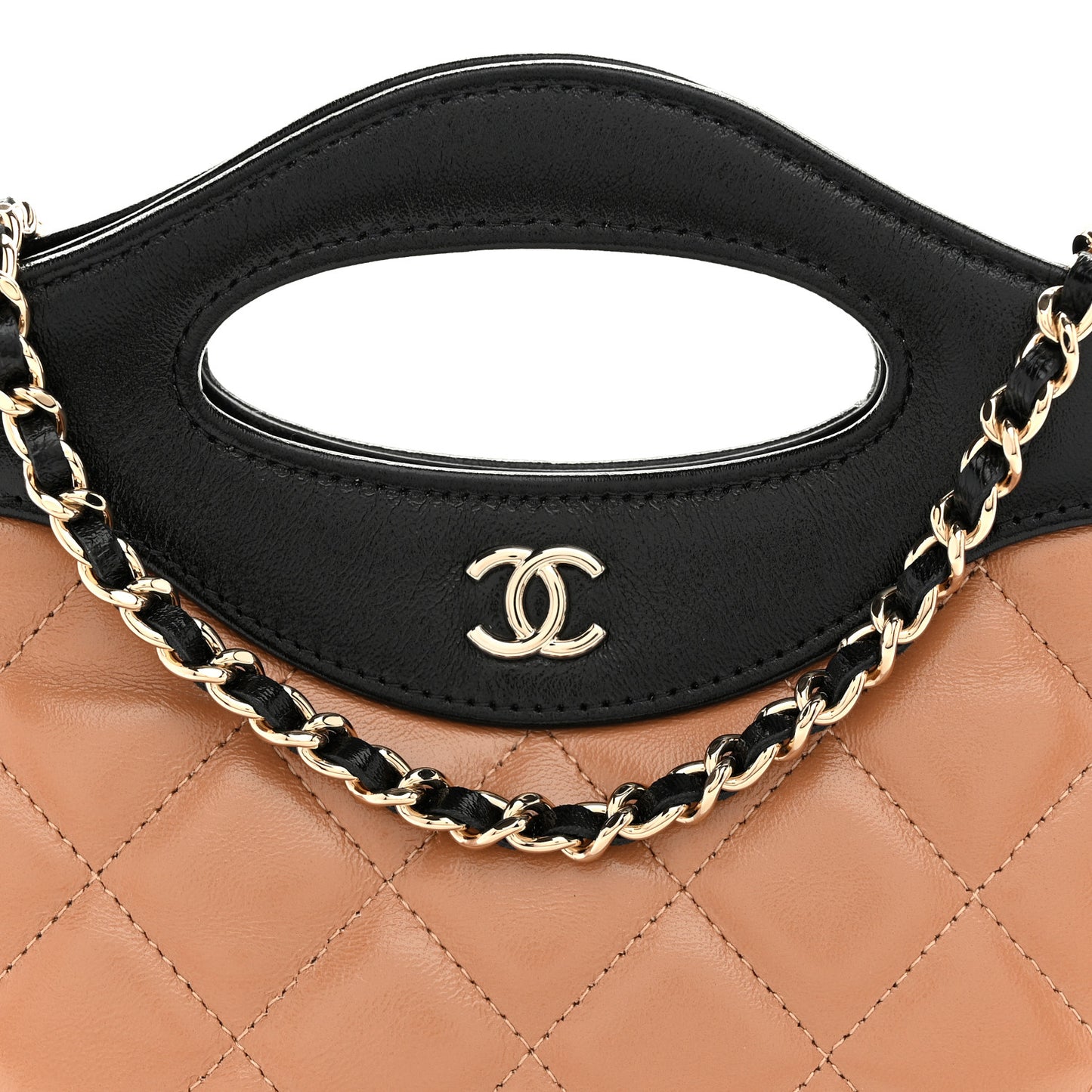 Shiny Crumpled Calfskin Quilted Nano 31 Shopping Bag Dark Beige Black