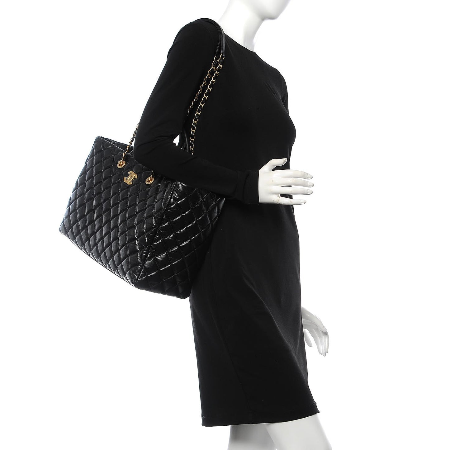 Aged Calfskin Quilted Large Coco Handle Shopping Tote Black