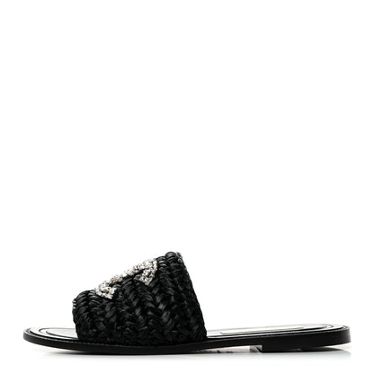 Chanel Raffia Crystal CC Mules Sandals 38.5 Black 1 of 9
