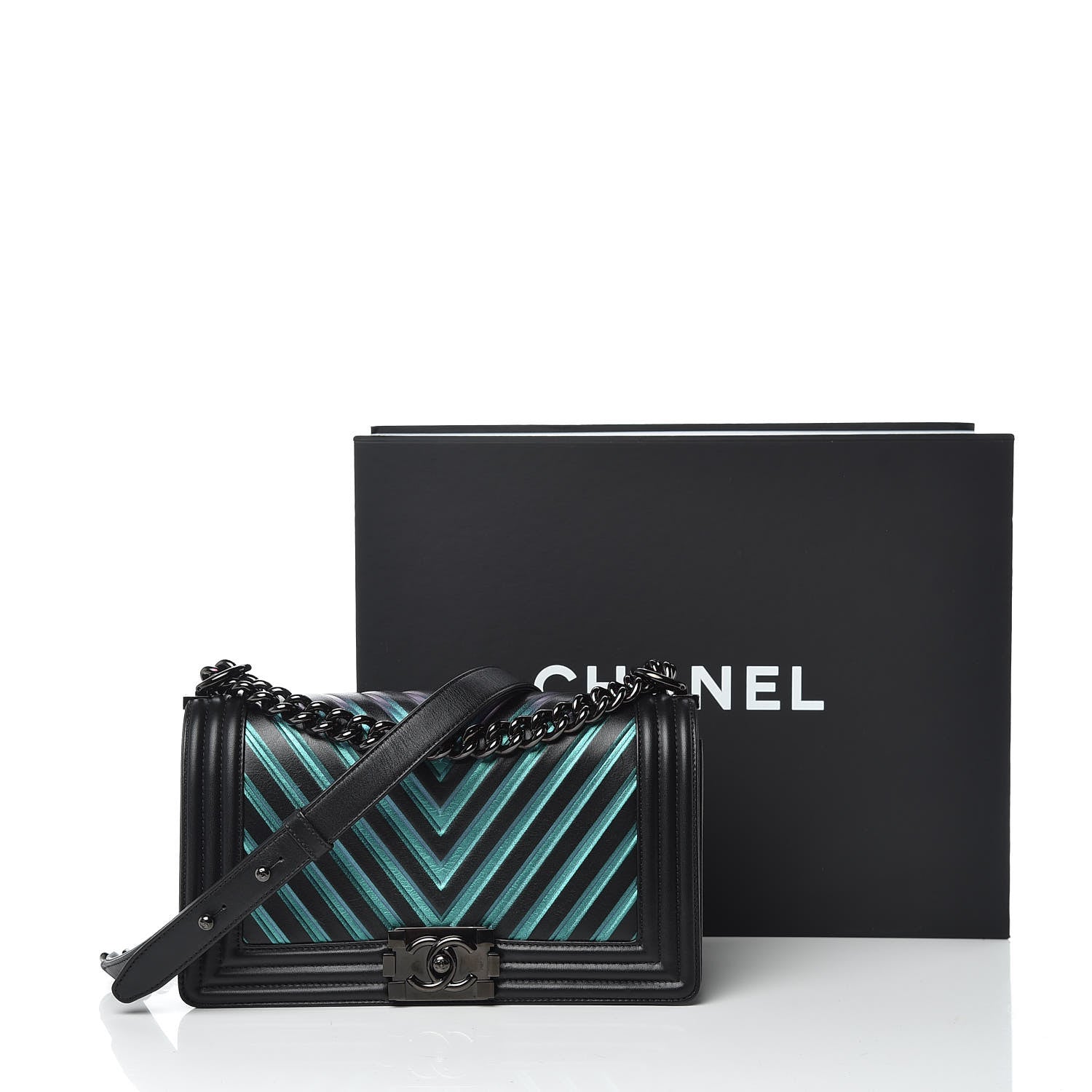 Chanel Calfskin Painted Chevron Embossed Medium Boy Flap Black 13 of 13