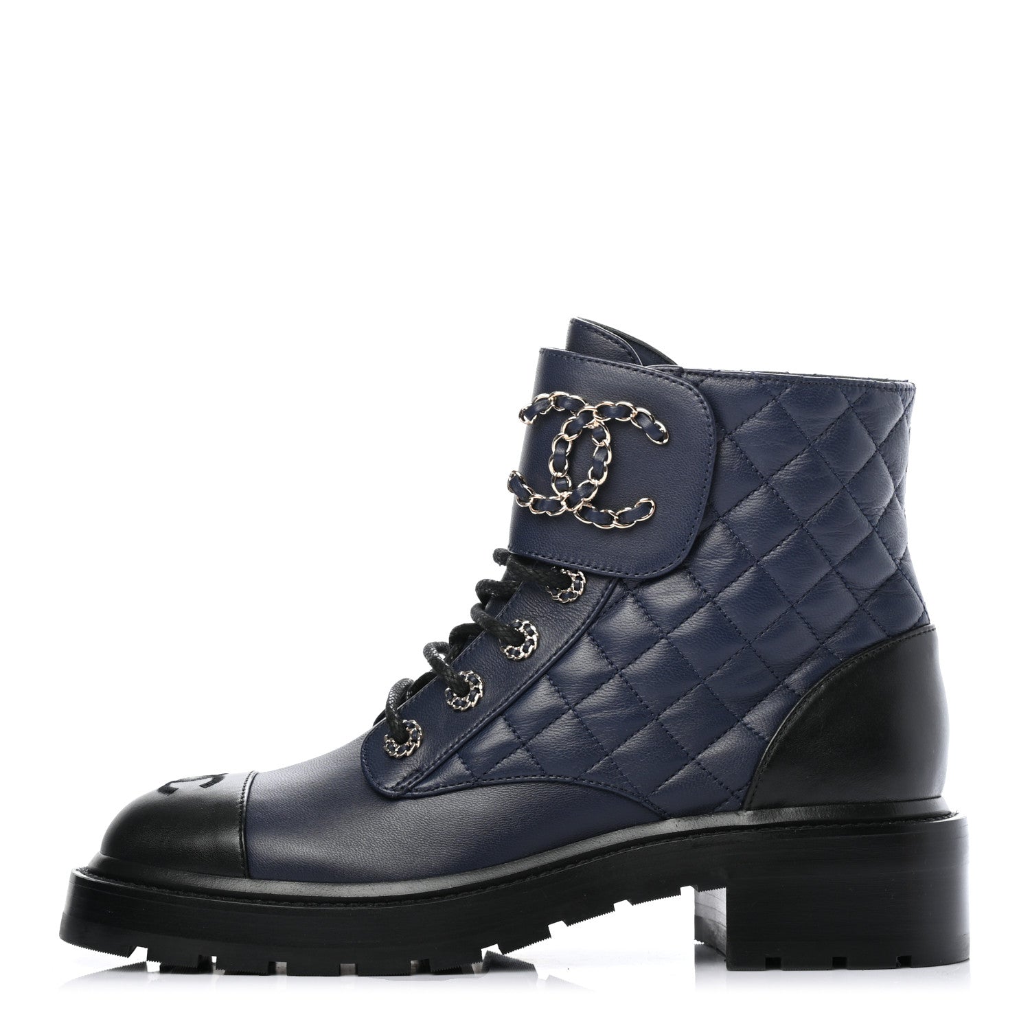 Chanel Lambskin Calfskin Quilted Lace Up Combat Boots 39 Navy 1 of 8