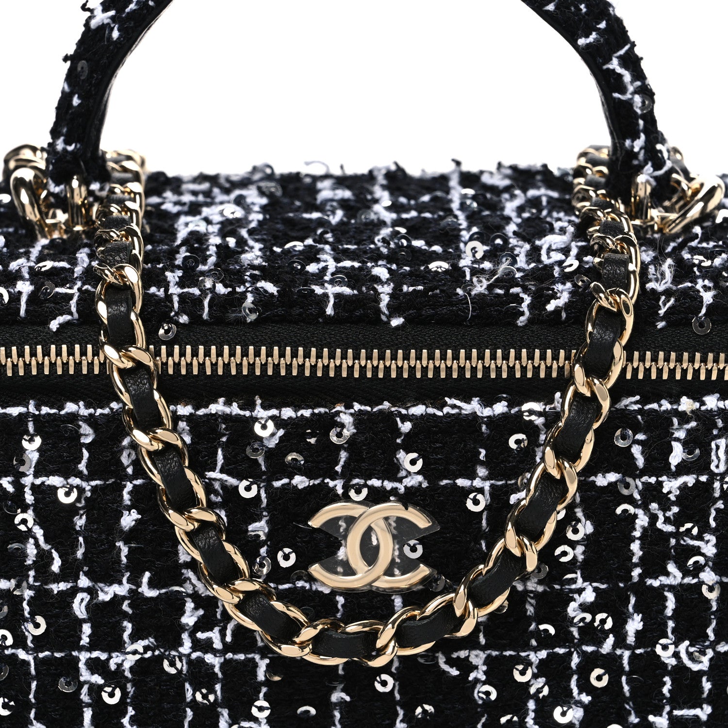 Chanel Tweed Sequin Small Top Handle Vanity Case With Chain Black White 8 of 11