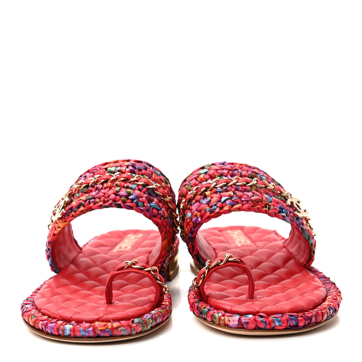 Chanel Raffia Lambskin Woven Chain CC Toe Ring Sandals 38.5 Red Multicolor 2 of 8