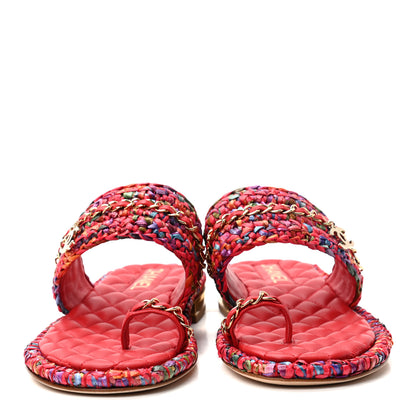 Chanel Raffia Lambskin Woven Chain CC Toe Ring Sandals 38.5 Red Multicolor 2 of 8