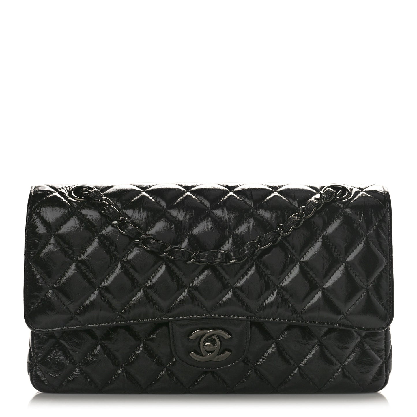 Shiny Crumpled Calfskin Quilted Medium Double Flap So Black
