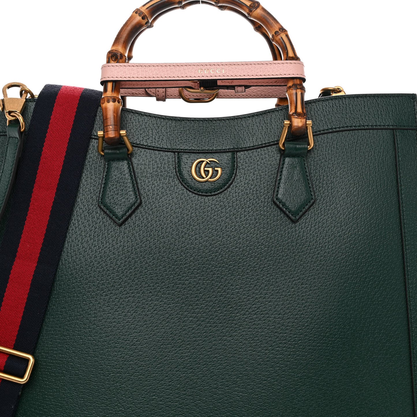 Textured Dollar Calfskin Web Large Diana Tote Bag Green Pink