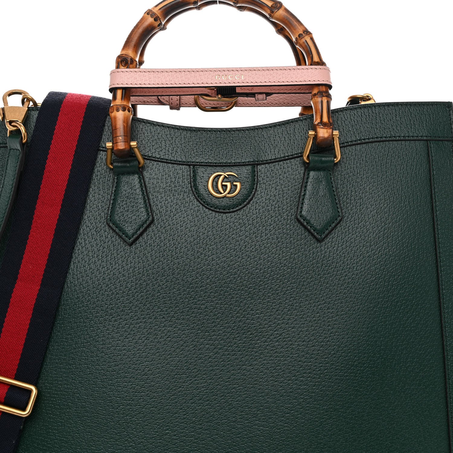 Gucci Textured Dollar Calfskin Web Large Diana Tote Bag Green Pink 8 of 11