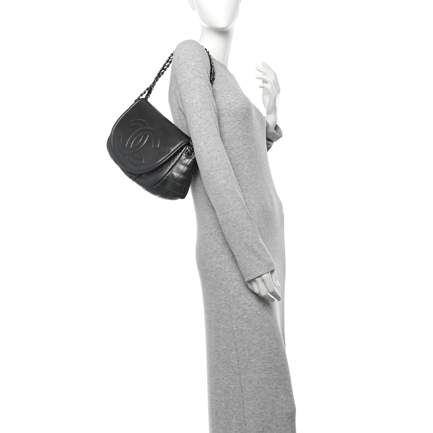 Caviar Half Moon Large Flap Dark Silver