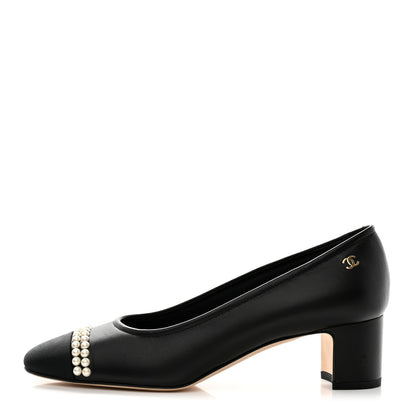 Chanel Lambskin Grosgrain Pearl Cap Toe CC Pumps 37 Black 1 of 9