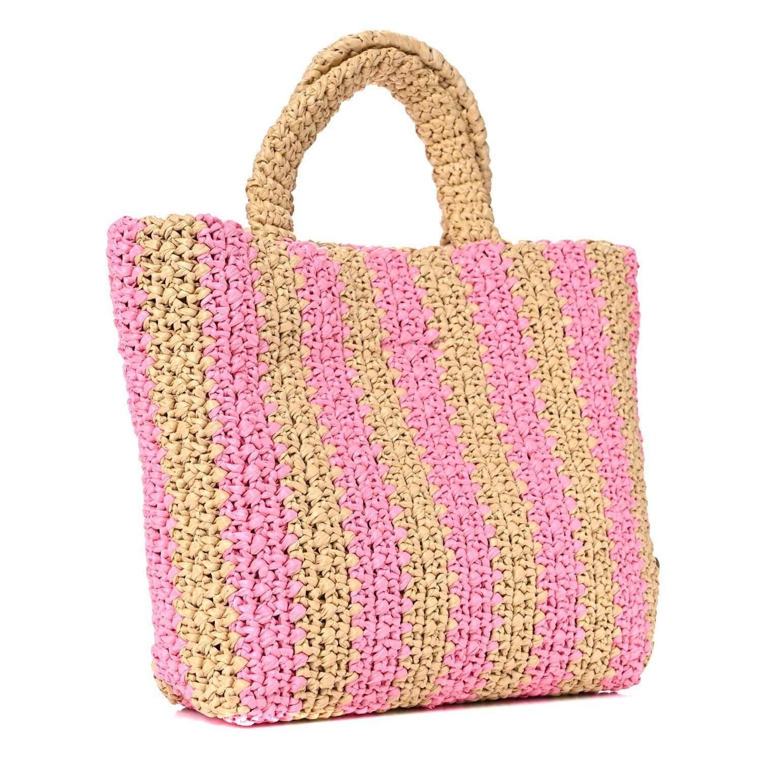 Prada Yarn Raffia Effect Crochet Striped Small Logo Tote Naturale Petalo 3 of 11