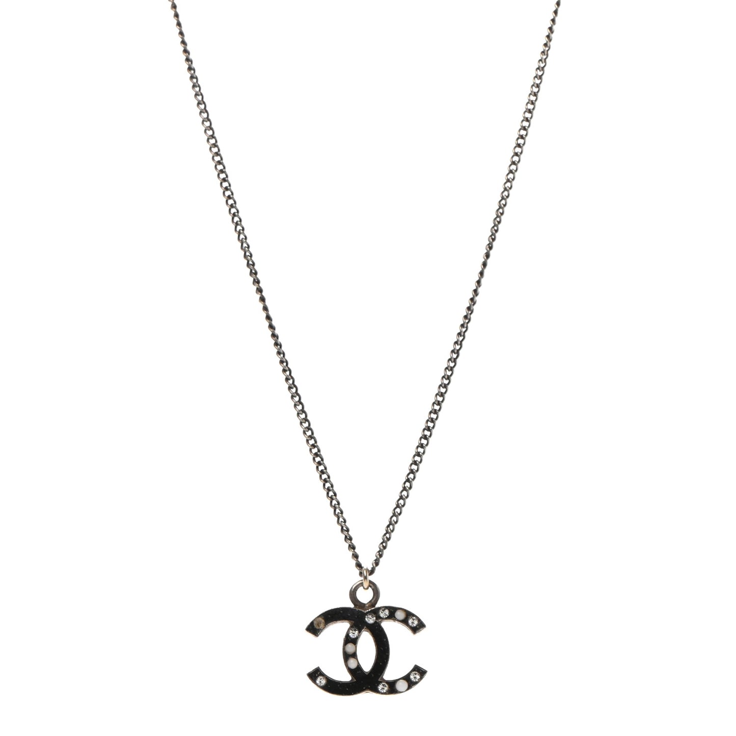 Enamel Crystal Pearl CC Pendant Necklace Ruthenium