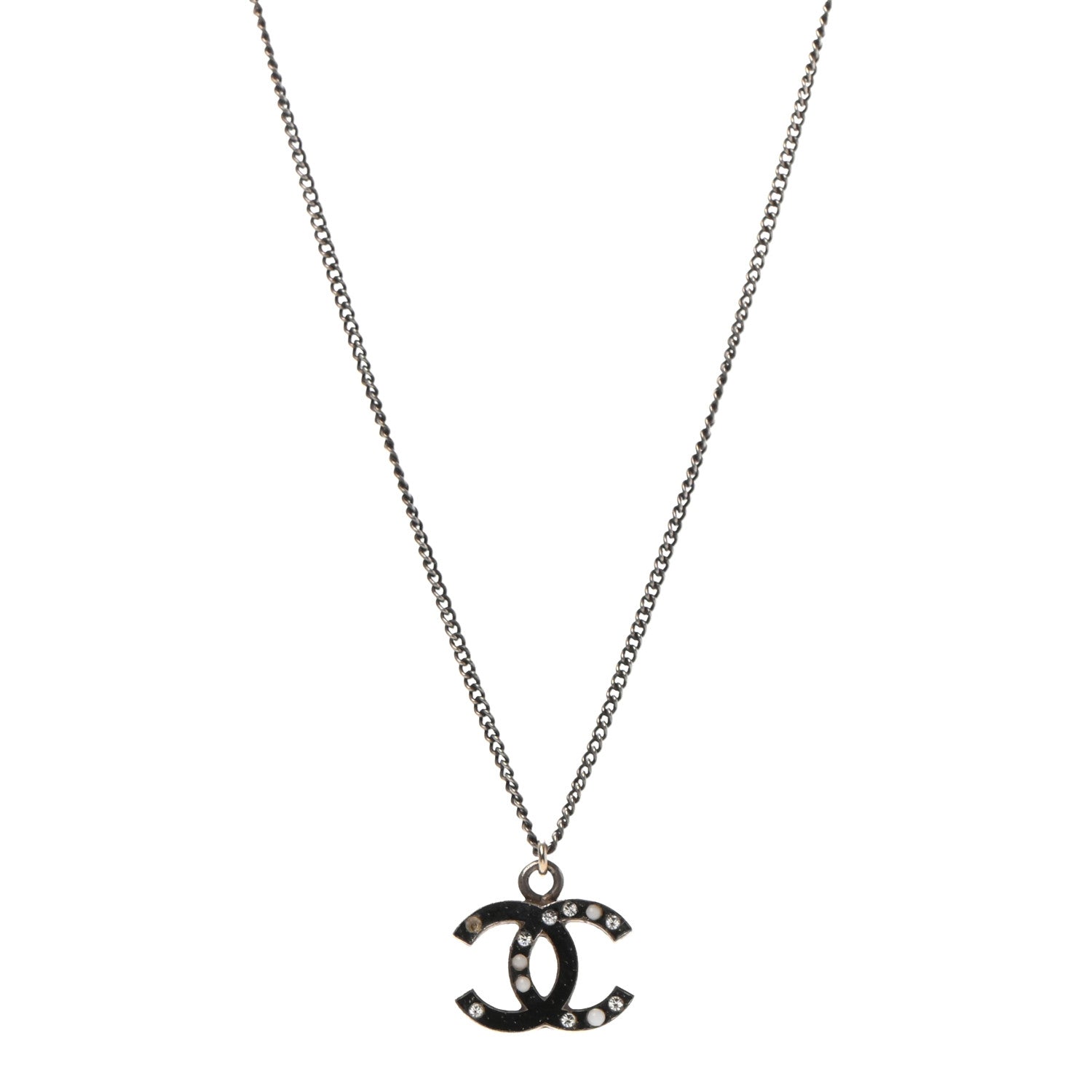 Chanel Enamel Crystal Pearl CC Pendant Necklace Ruthenium 1 of 6
