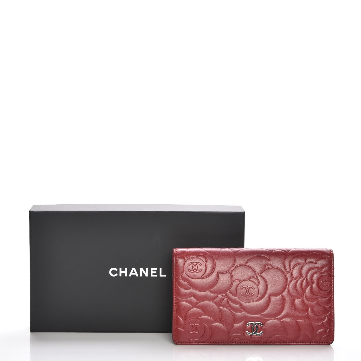 Chanel Lambskin Camellia Embossed Yen Wallet Dark Red 13 of 13